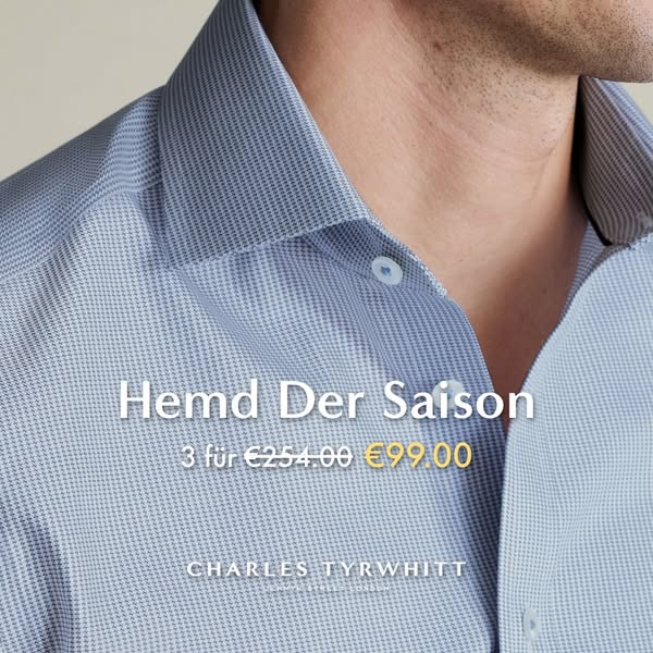 This image ad features a close-up of a light blue textured dress shirt. The ad highlights a special offer for purchasing