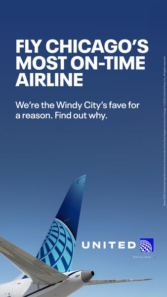 This ad for United Airlines highlights its on-time arrival record in Chicago, positioning it as the preferred airline fo