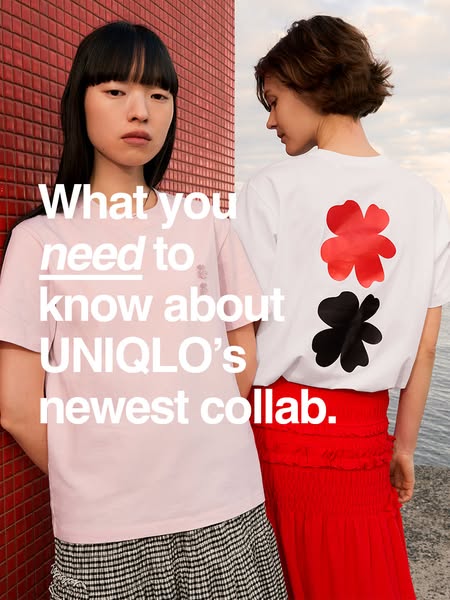This ad features two models wearing pieces from UNIQLO's newest collab. One model wears a light pink t-shirt and a b