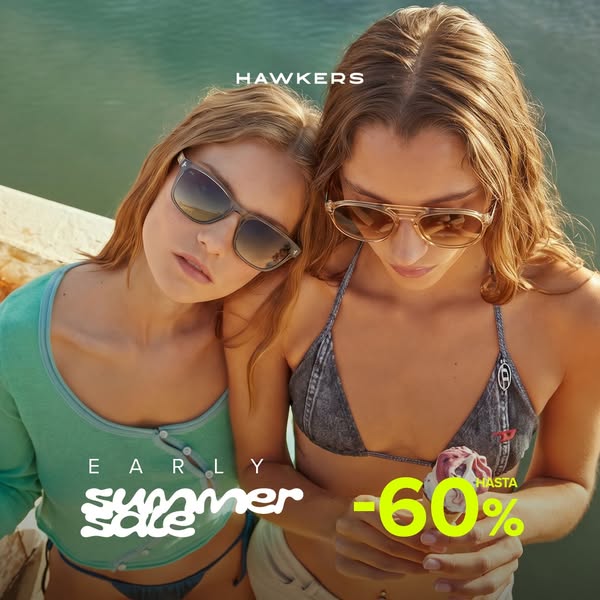 A promotional image for HAWKERS sunglasses, advertising an early summer sale with a significant discount. Two models are
