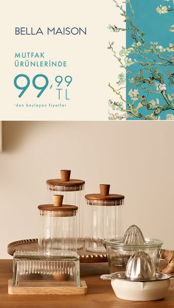 Ad for Bella Maison kitchen products. A variety of kitchenware is displayed in a lifestyle shot, with a graphic in the u