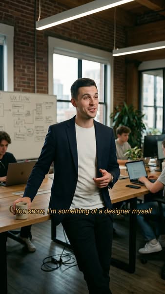This ad features a man in an office setting who states that he is a designer.