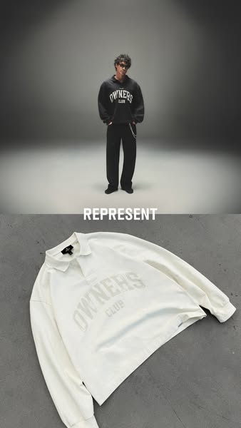 This ad showcases two different long sleeve shirts from REPRESENT's 'Owners Club' collection. The top image 