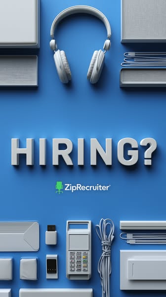 This ad for ZipRecruiter features a flat lay of office supplies and asks the question, "Hiring?"