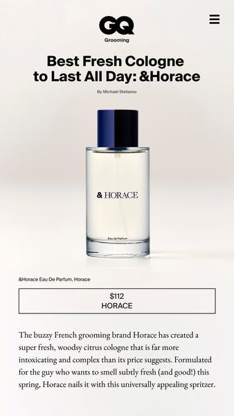 This ad is an editorial recommendation from GQ grooming for &Horace Eau De Parfum. The ad highlights the cologne'