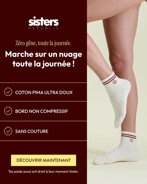 This ad for Sisters Republic highlights the comfort and quality of their socks, featuring benefits like ultra-soft Pima 