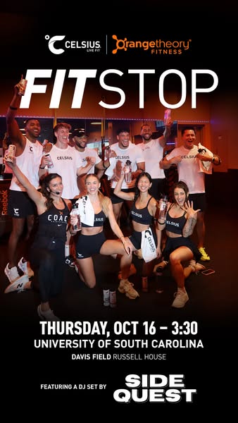 This ad promotes a FitStop event featuring Celsius energy drinks and Orangetheory Fitness, with a DJ set by Side Quest, 