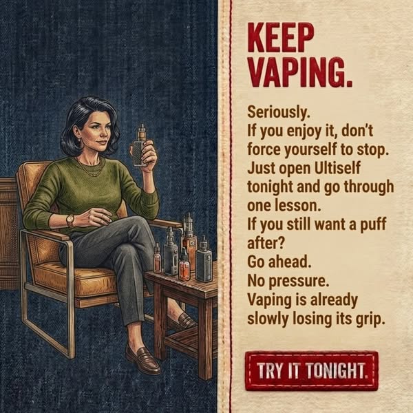 This image ad is designed to promote Ultiself. It shows a woman sitting in a chair and vaping, and the text encourages v