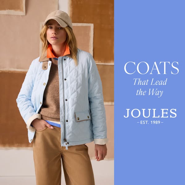 This ad features a lifestyle shot of a woman wearing a light blue quilted jacket from Joules. The ad aims to bring aware