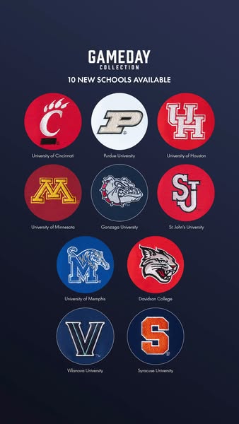 This ad is for the Gameday Collection featuring 10 new schools. It includes a circular logo of each school.