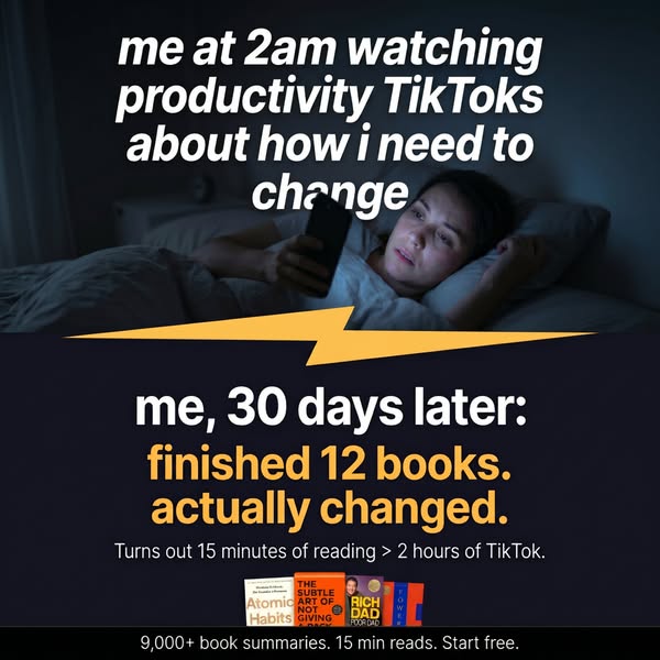 The ad shows a before/after image of a woman watching productivity TikToks at 2 AM and then finishing 12 books 30 days l
