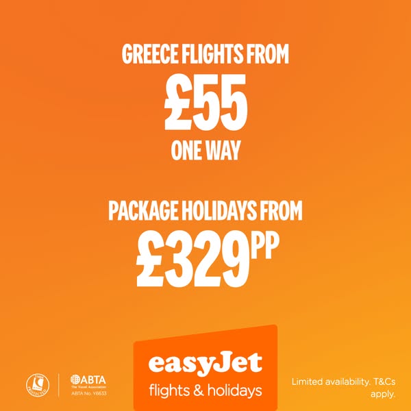 This ad promotes Greece flights and package holidays from easyJet. It features prices for each and the easyJet logo.