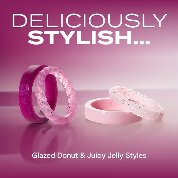 This ad showcases colorful silicone rings in two different styles: Glazed Donut and Juicy Jelly. The rings are displayed