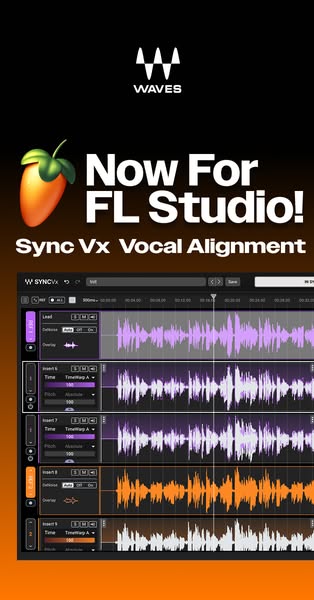 This image ad promotes Waves' Sync Vx Vocal Alignment plugin, now available for FL Studio. The ad showcases the plug