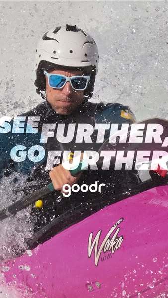 This image ad for Goodr sunglasses features a kayaker in action, emphasizing the brand's message of enhanced vision 
