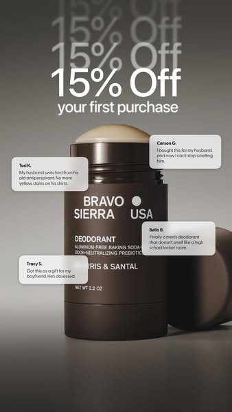 This image ad for Bravo Sierra deodorant features several positive customer testimonials and a discount for the customer