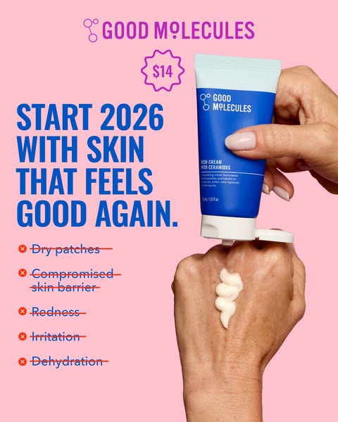 This image ad for Good Molecules Rich Cream with Ceramides highlights the product's ability to combat dry skin, redn