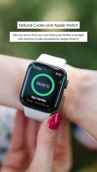 An ad showing the Natural Cycles app on an Apple watch that is tracking fertility. The ad copy asks the user if they kne