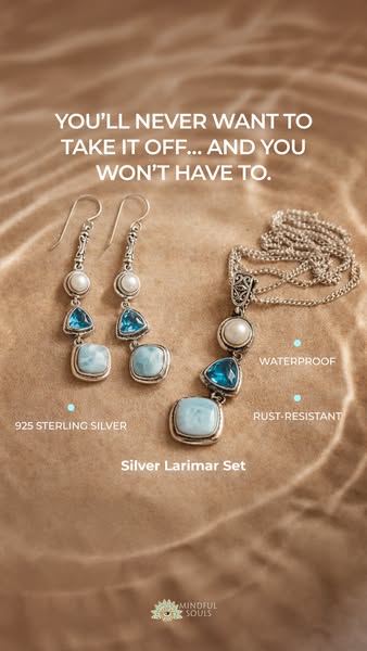 This ad showcases a set of silver larimar jewelry consisting of a necklace and earrings. The ad emphasizes the jewelry&#