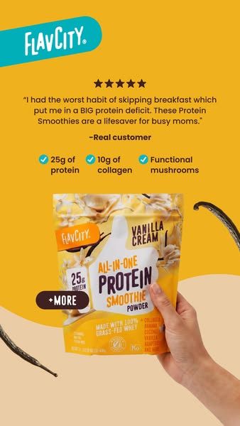 This ad features a customer testimonial about FlavCity protein smoothies being a lifesaver for busy moms, followed by pr
