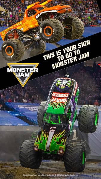 This image ad for Monster Jam features two monster trucks performing stunts in front of a crowd, with the headline &quot