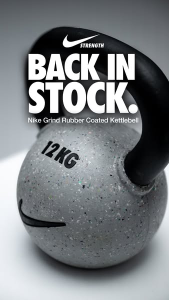 This ad showcases the Nike Grind Rubber Coated Kettlebell, emphasizing its return to stock. The visual style is clean an