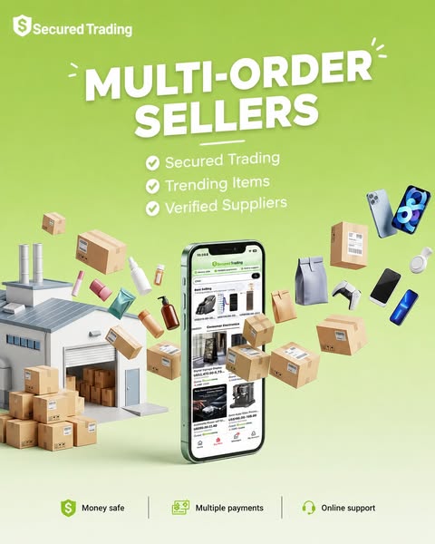 The ad promotes Secured Trading as a multi-order platform. It showcases its features, such as secured trading, trending 