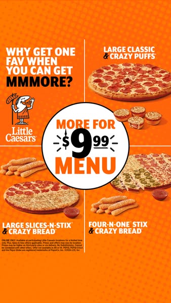 This image ad for Little Caesars promotes the 'More For $9.99 Menu.' The creative is divided into four quadrants