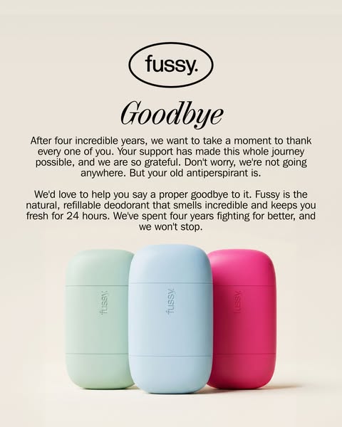This ad focuses on Fussy's 4 year anniversary. It thanks its customers for supporting them, and encourages them to b