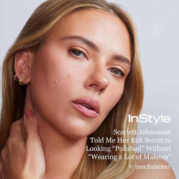 An ad featuring Scarlett Johansson in InStyle magazine, discussing her $28 beauty secret for a polished look with minima