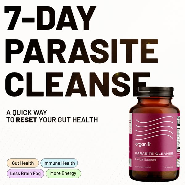 This image ad promotes Organifi's 7-Day Parasite Cleanse, highlighting its benefits for gut and immune health, as we