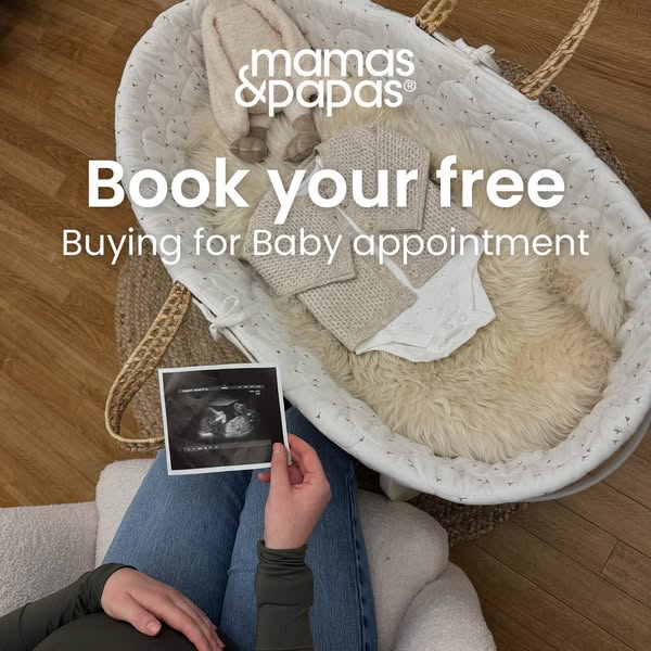 This ad for Mamas & Papas promotes a free buying appointment for baby products. It shows a woman holding an ultrasou