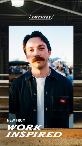 This image ad promotes Dickies' work-inspired clothing line, featuring a portrait of a person wearing a dark denim s