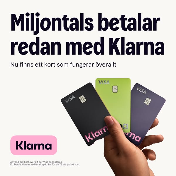 The ad highlights the Klarna card, promoting its widespread acceptance wherever Visa is accepted and featuring its avail