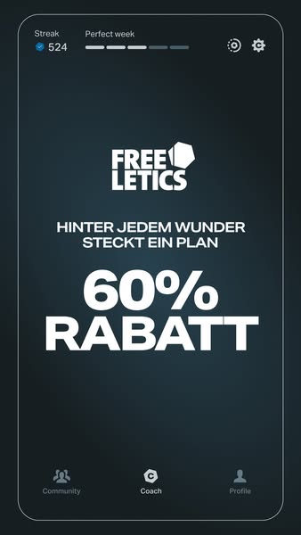 This ad promotes the Freeletics app with a focus on a 60% discount. The ad displays a mobile app screen with the Freelet