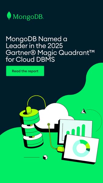 This ad announces that MongoDB has been named a leader in the 2025 Gartner Magic Quadrant for Cloud DBMS and encourages 