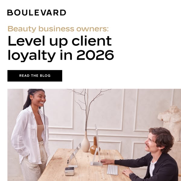 This ad is for Boulevard software. It features two people working at a desk with Boulevard software on their computer an
