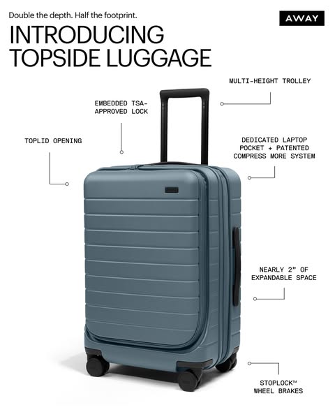 This image ad showcases the AWAY Topside Luggage and its features, highlighting its increased depth and reduced footprin