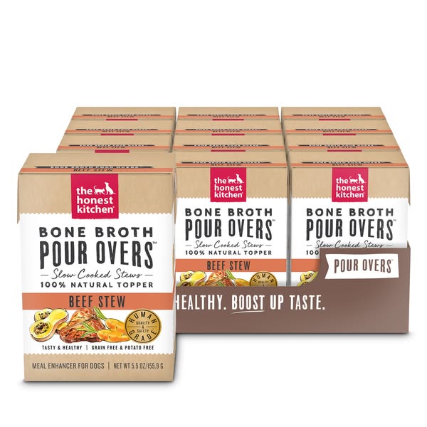 This ad features multiple boxes of The Honest Kitchen Bone Broth Pour Overs Beef Stew. The ad emphasizes the product'