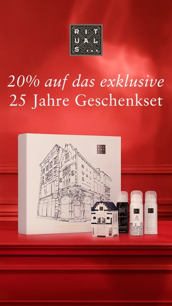This ad showcases the Rituals 25 Jahre Geschenkset, highlighting a 20% discount. The visual arrangement emphasizes the p