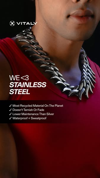 This ad showcases a Vitaly stainless steel necklace, highlighting its recycled material and durability.