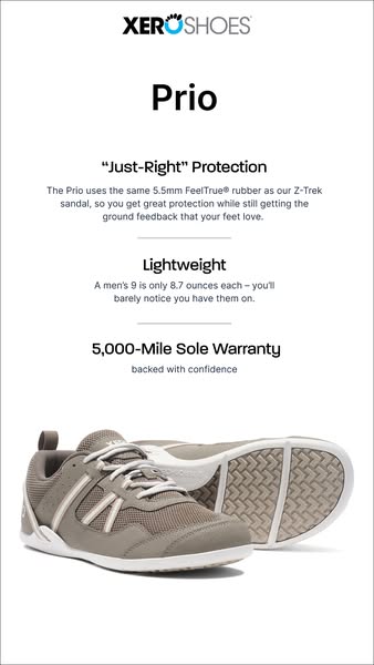 This ad for Xero Shoes features the Prio model and highlights three key features: just-right protection, lightweight fee