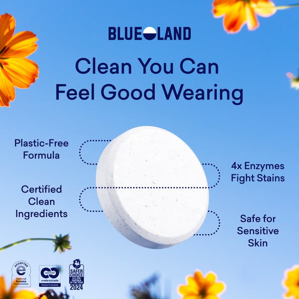 This ad promotes Blueland laundry tablets that have a plastic-free formula, certified clean ingredients, 4x enzymes that