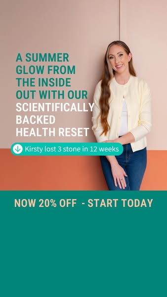 This image ad promotes a health reset program that promises a summer glow from the inside out. It features a testimonial