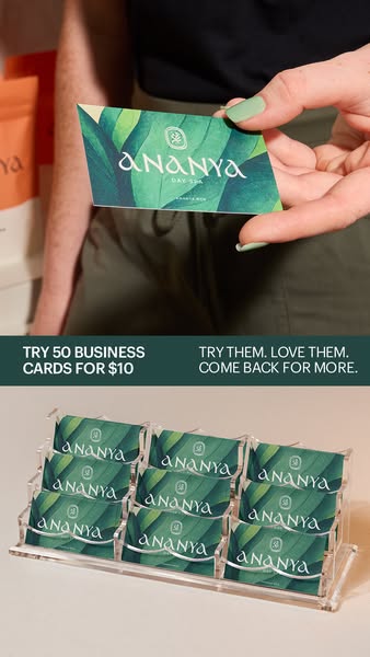 This ad promotes Ananya Day Spa's business cards, offering 50 cards for $10 and encouraging customers to try them, l