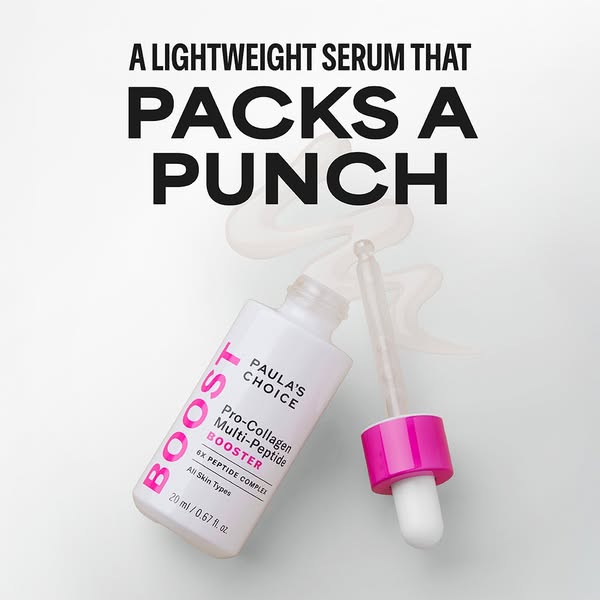 This ad promotes Paula's Choice Pro-Collagen Multi-Peptide Booster. The visual features the serum bottle and dropper