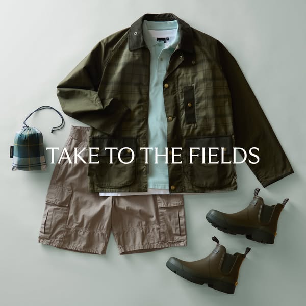 This ad features a flatlay product showcase of an outfit for being out in the fields. It includes a jacket, shirt, short