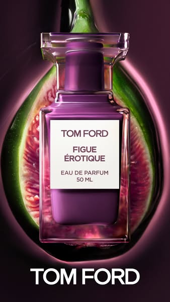 This ad features Tom Ford's Fig Erotique perfume. The ad showcases the perfume bottle against a backdrop of a fig, e