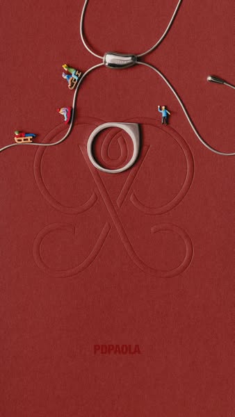 This ad features a silver ring from PDPAOLA. The ring is displayed on a red background with an embossed pattern. A silve