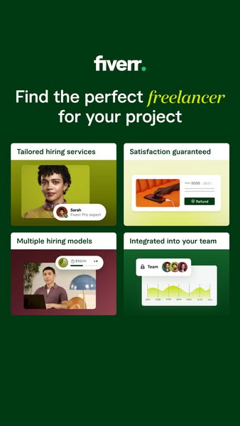 This ad for Fiverr uses a grid layout to highlight the platform's key features and benefits. It emphasizes tailored 